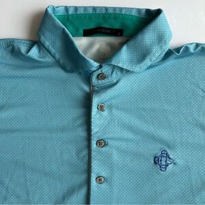 Greyson Golf Polo Men's Large Teal Shirt Geo Polka Dot Omaha Country Club Logo